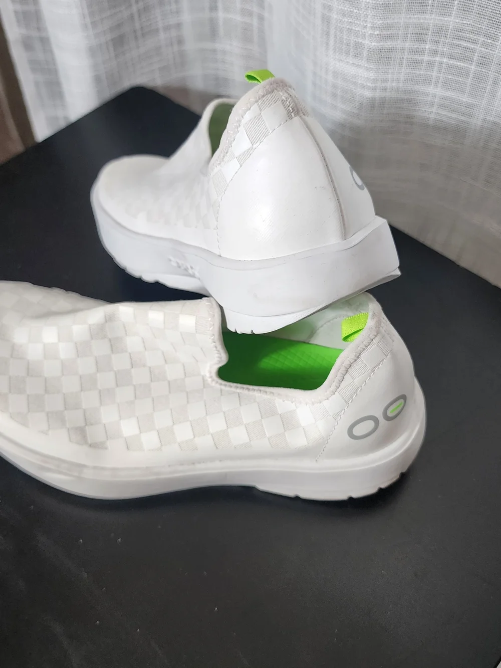 OOFOS Women's White Slip-On Athletic Shoes with Neon Green Insole